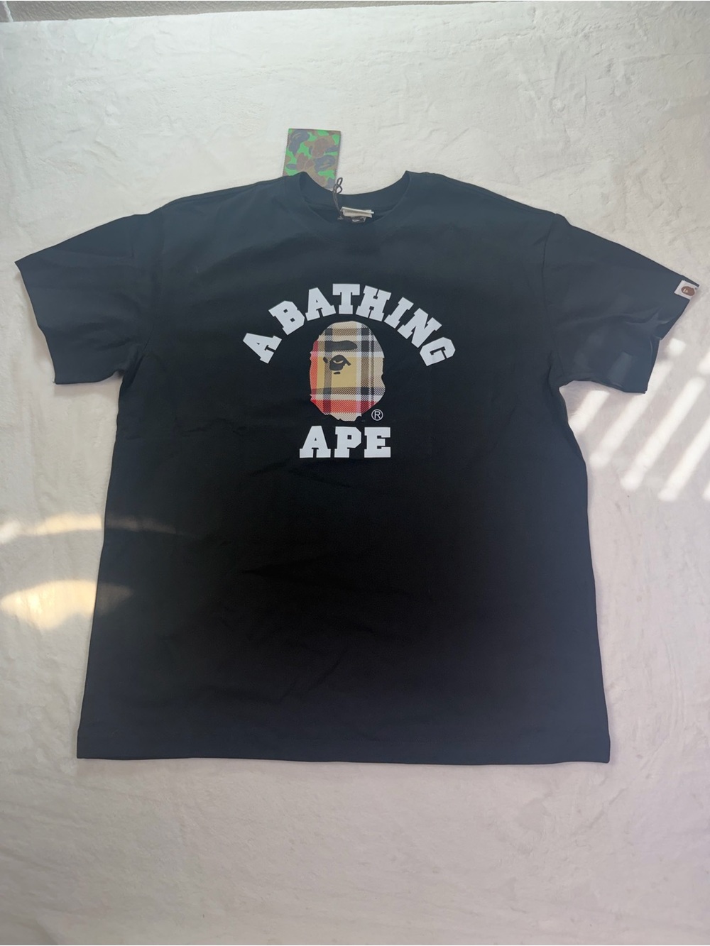 Bape Black Tee with Plaid Ape Head Size Large